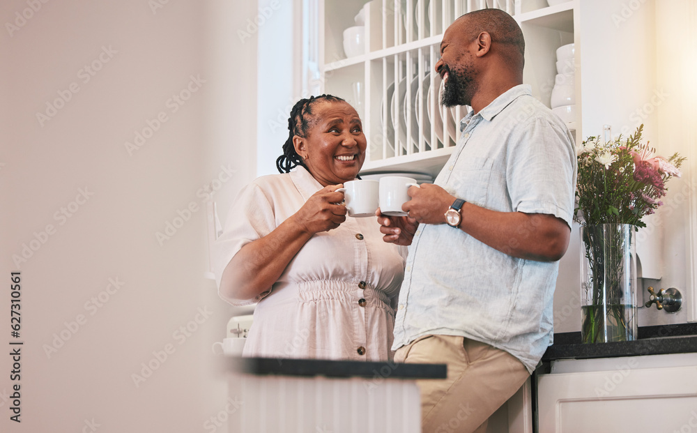 Coffee, happy and a talking black couple in the kitchen, laughing and relax in the morning. Smile, l