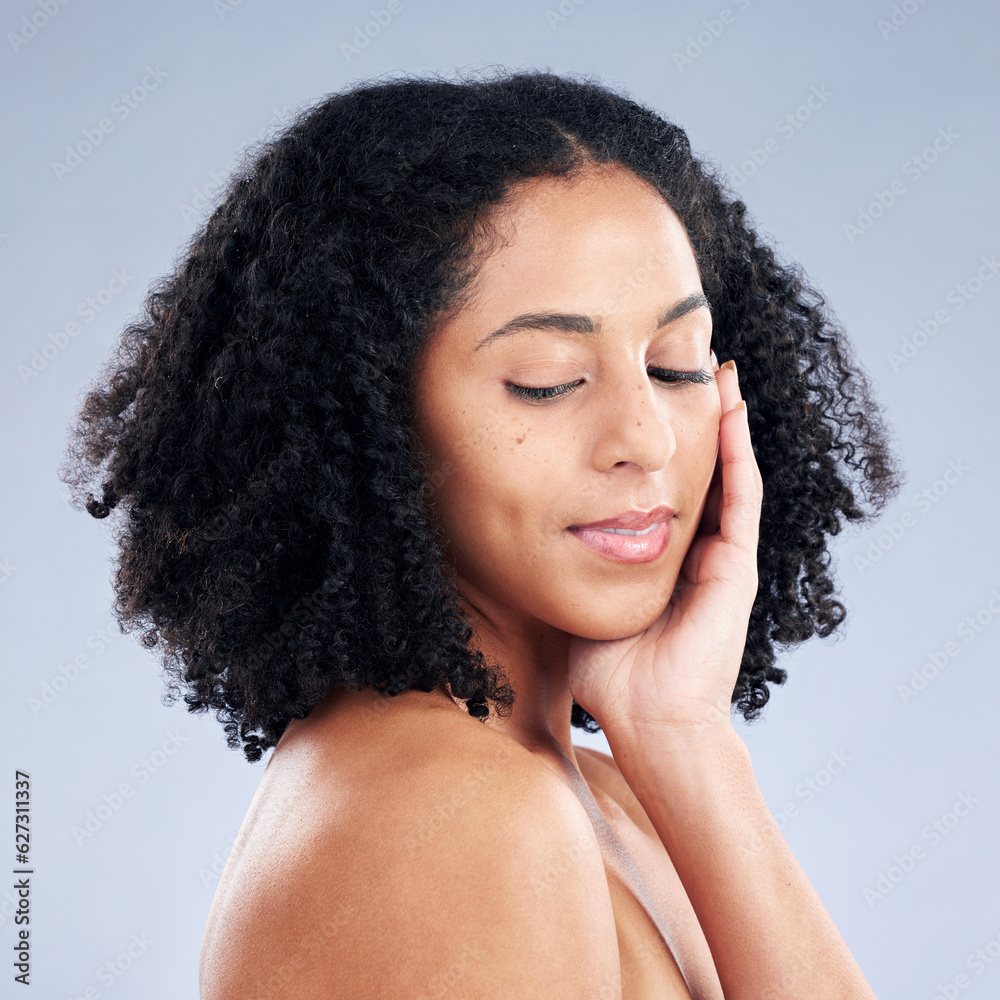 Face, skincare and woman touching for beauty in studio isolated on a white background. Natural, cosm