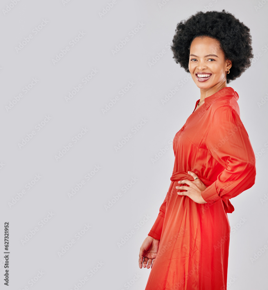 Portrait, fashion and space with an afro black woman in studio on a white background for trendy styl