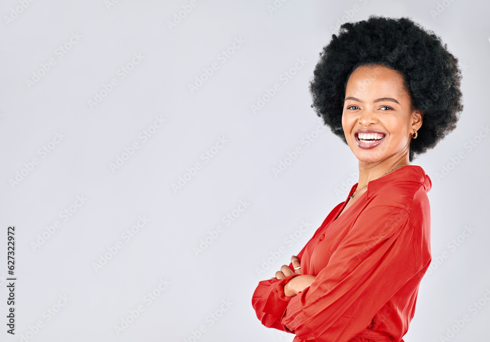 Portrait, fashion and mockup with an afro black woman in studio on a white background for trendy sty