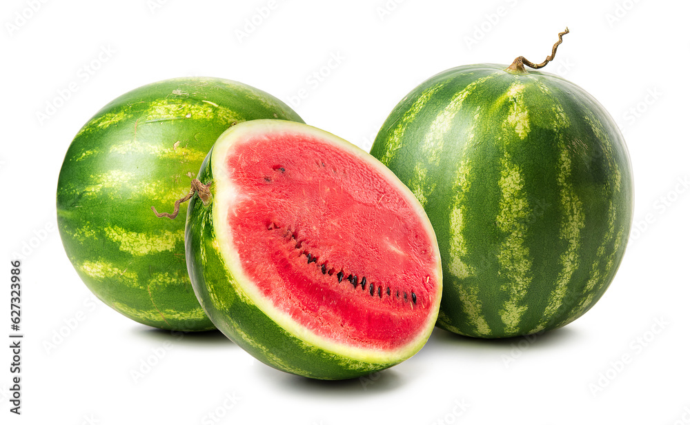 Whole striped watermelons whole and cut. Isolate on white background