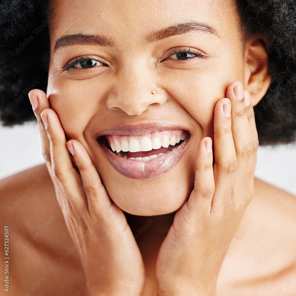 Beauty, skin care and portrait of happy woman with dermatology, cosmetics or natural makeup. Closeup