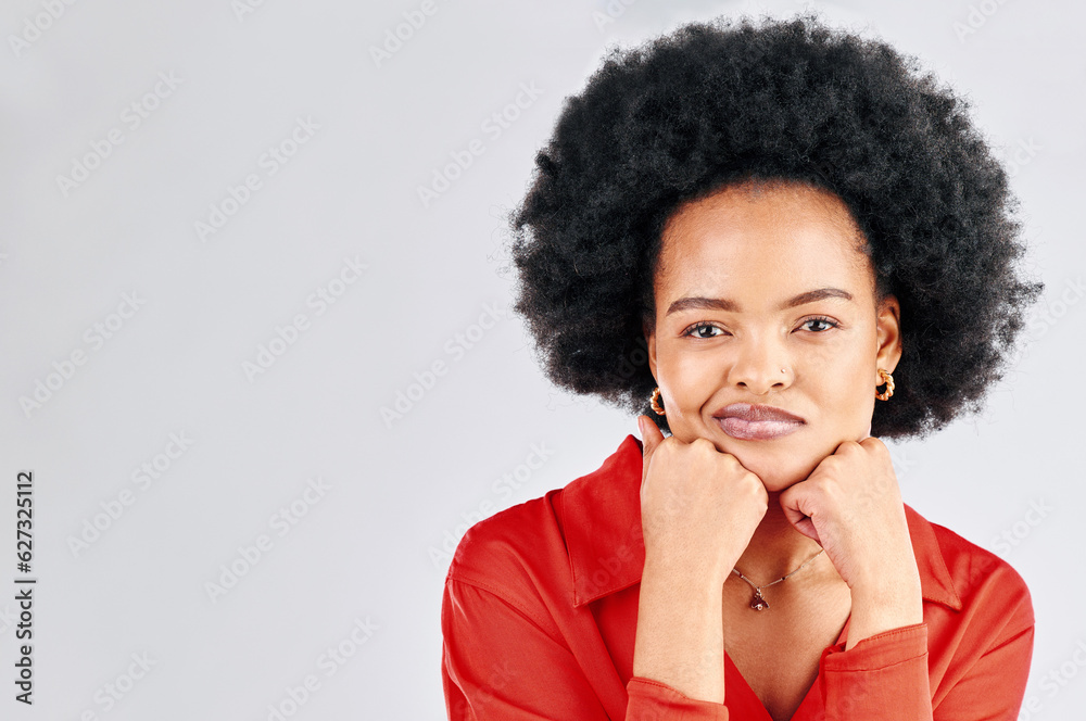 Confused, thinking and portrait of African woman in studio with an idea, planning or mockup of a dec