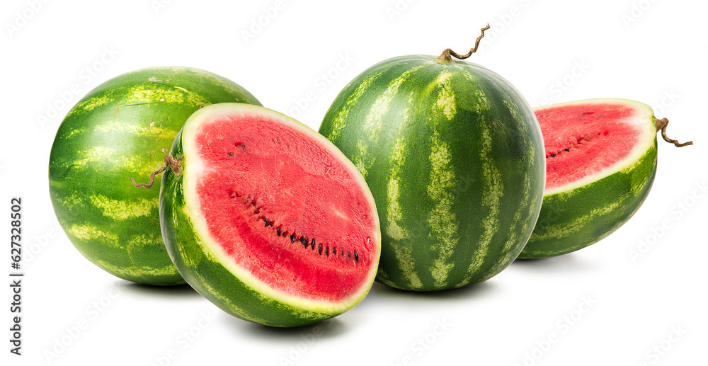 Whole striped watermelons whole and cut. Isolate on white background