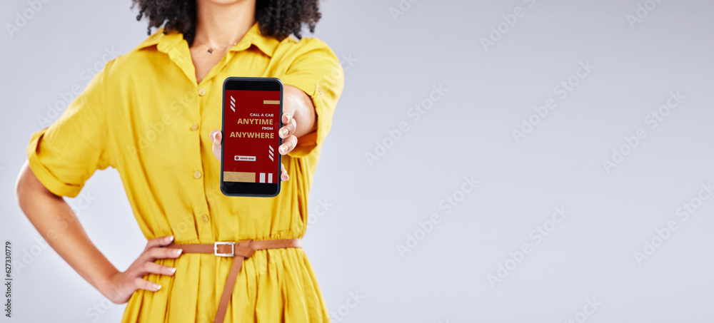 Hands, phone screen and woman with app for taxi isolated in studio on a white background mockup spac