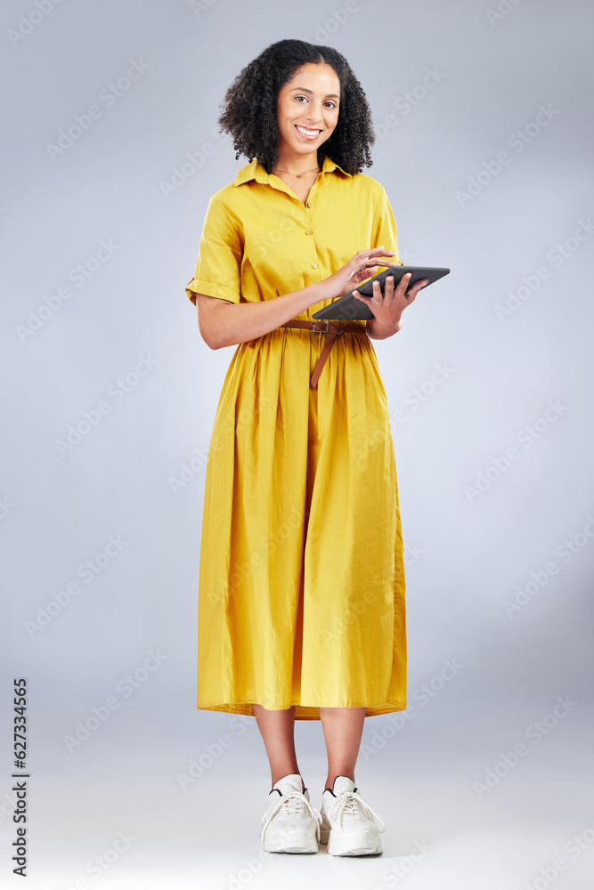 Studio tablet, happy portrait and woman with online blog story, news article or typing internet, web