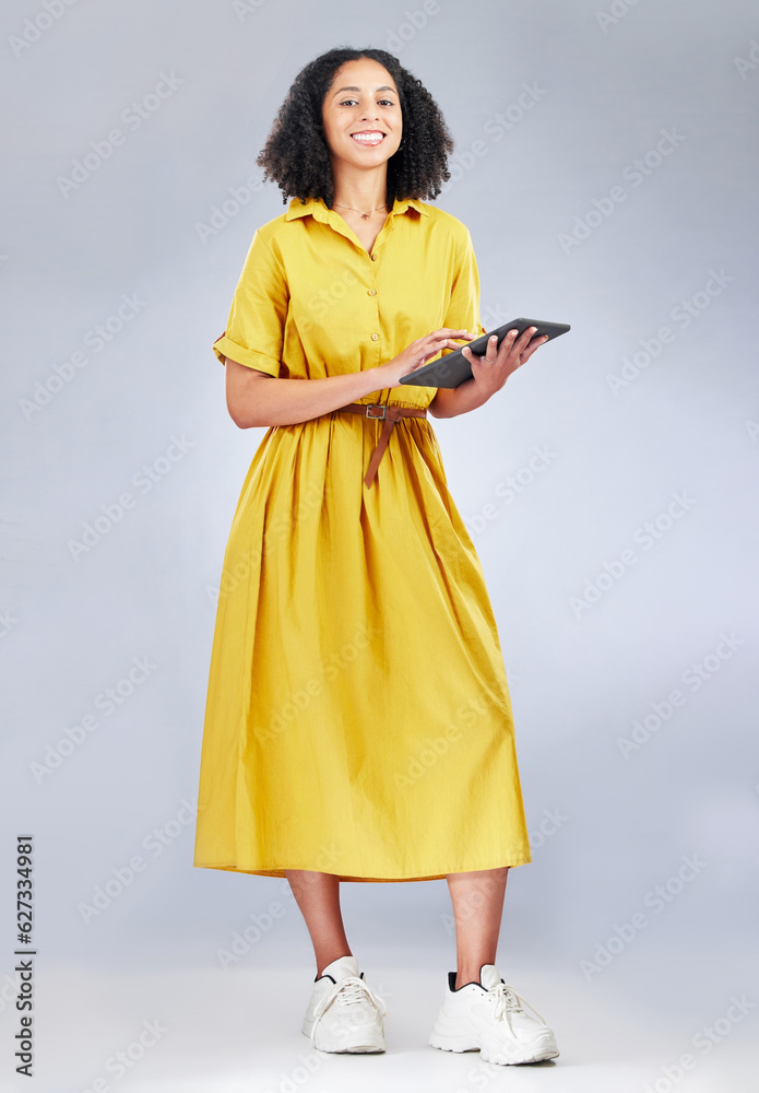 Tablet, happy portrait and studio woman, designer or person with online connection, news article or 