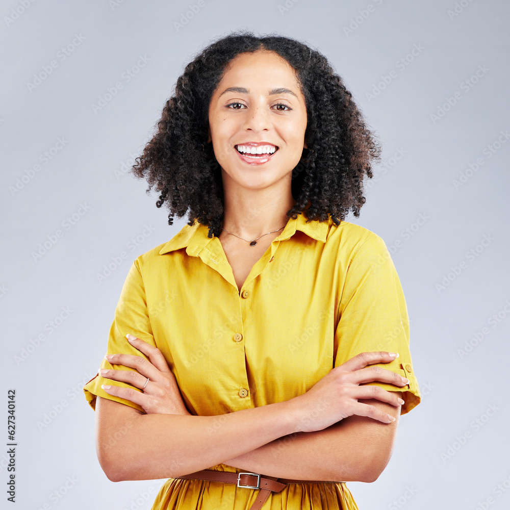 Happy, arms crossed and portrait of business woman in studio for professional, creative and designer