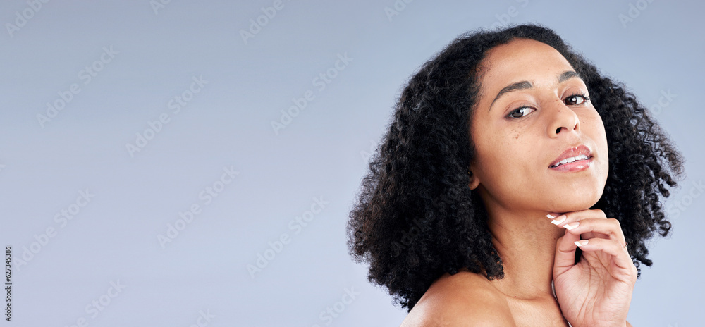 Portrait, beauty and space with a model black woman in studio on a gray background for skincare. Fac