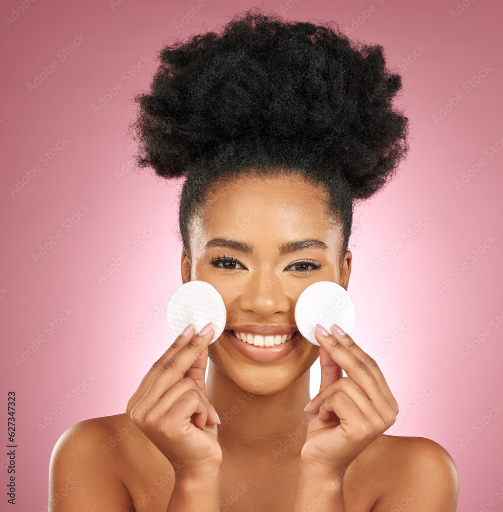 Portrait, cotton pad and black woman with skincare, makeup and dermatology on a studio background. F