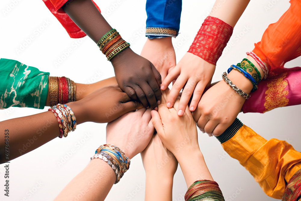 All hands together, united diversity or multi-cultural partnership in a group