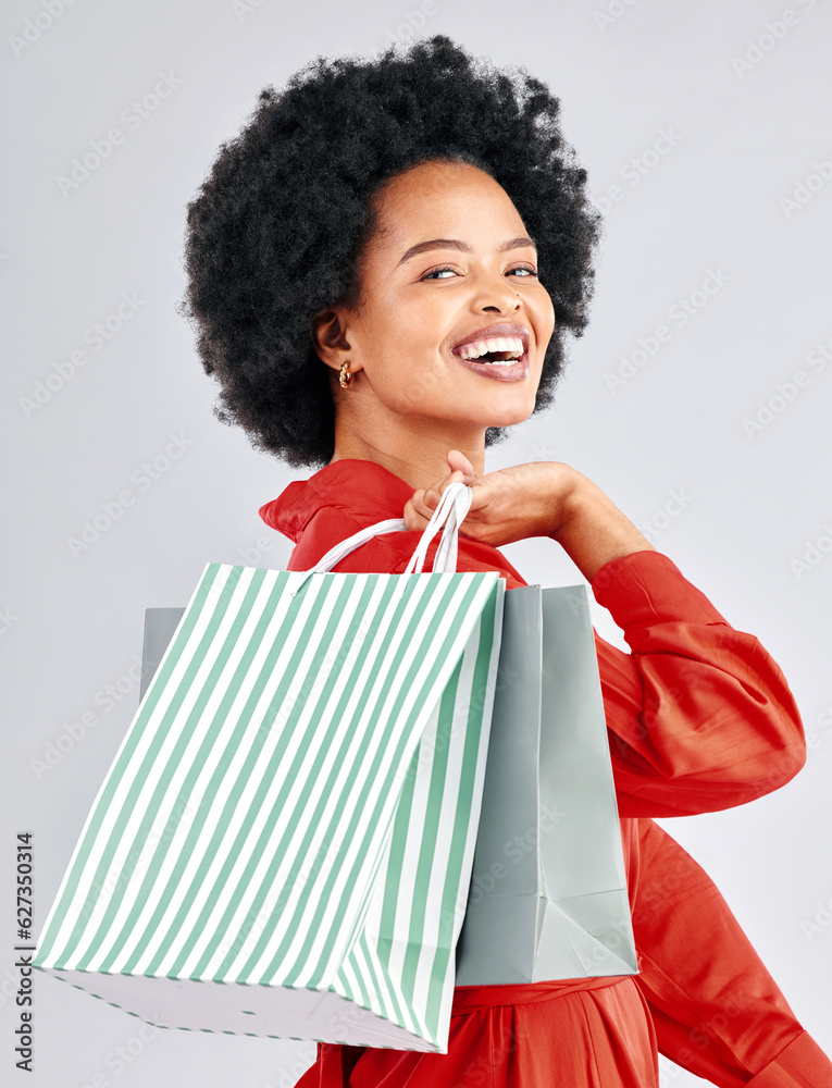 Shopping bag, happy portrait and woman with fashion discount, sale and retail promotion on a white b