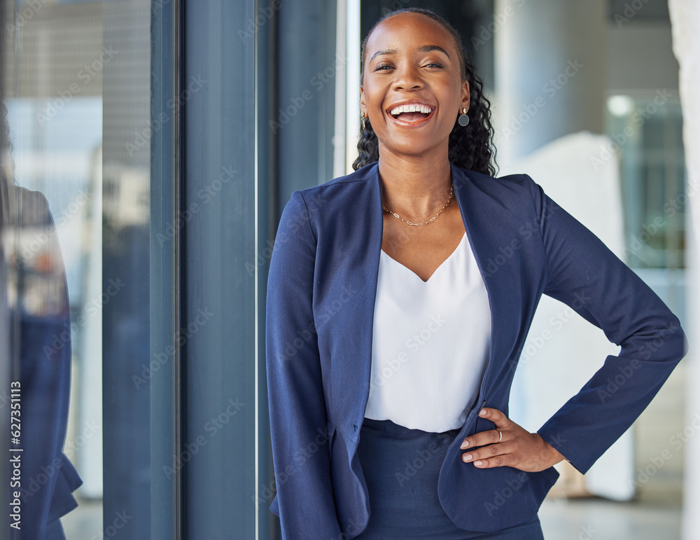 Black woman, happy in portrait and business, confidence and laughing with lawyer and career success 