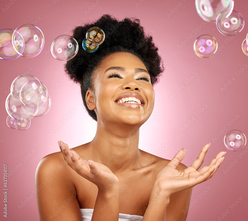 Beauty, bubbles and a happy woman with skin care in studio for wellness and dermatology glow. Happy,