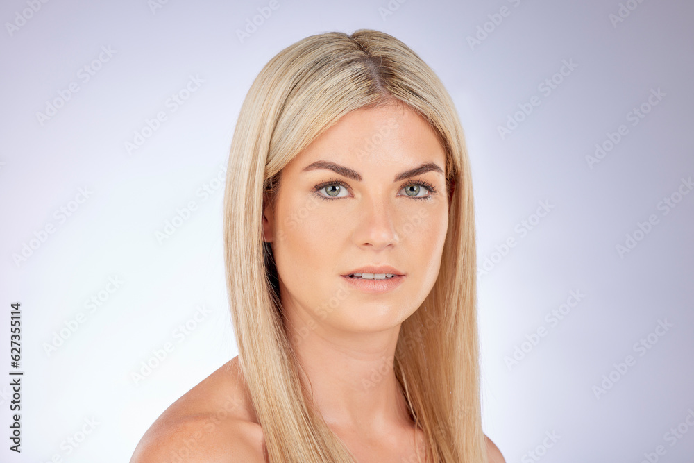 Portrait, blonde woman and beauty of hair care, natural skincare and aesthetic wellness on studio ba