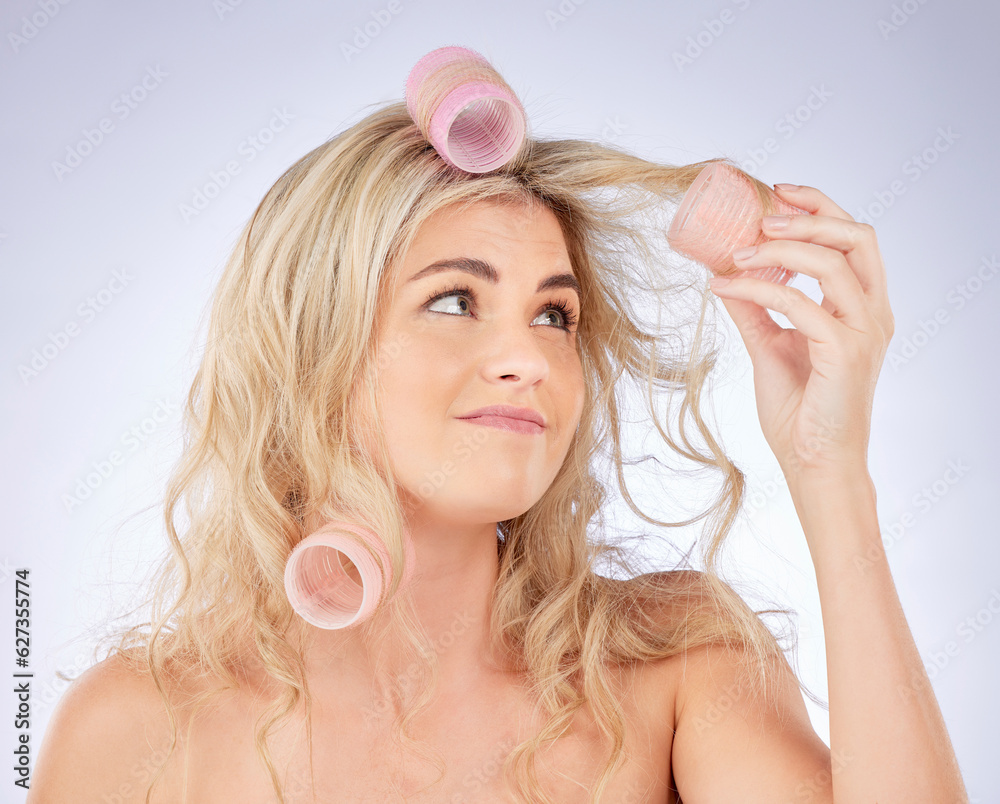 Hair care ideas, roller and a woman on a studio background for cosmetics, wellness and beauty. Happy