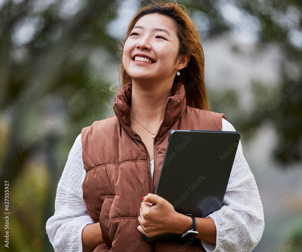 Smile, thinking and a woman with a tablet in nature for communication and entrepreneurship vision. H