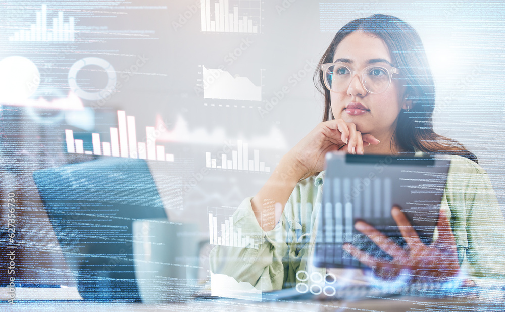 Woman, thinking and overlay of data analytics, tablet and laptop for research in business management