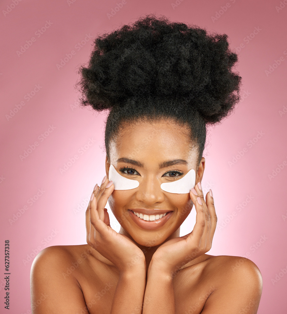 Skincare, portrait and black woman with patches on eyes, cosmetics and dermatology on pink backgroun