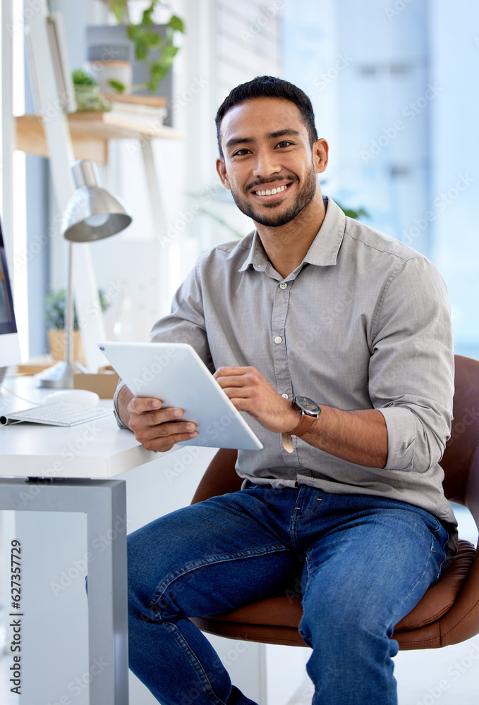 Professional, man and tablet in portrait working as entrepreneur with a smile for a startup at a des