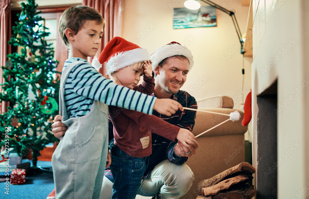 Nothing says Christmas Eve like marshmallow toasties. Shot of two adorable little boys roasting mars