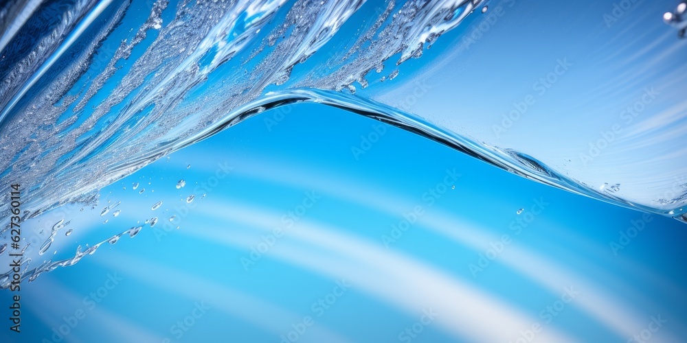 Transparent blue water splashes and wave with drops. Liquid splashing fluids with droplets, realisti