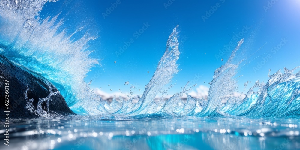 Water splash and wave swirl and drops. Liquid splashing aqua dynamic motion, blue water flow with sp