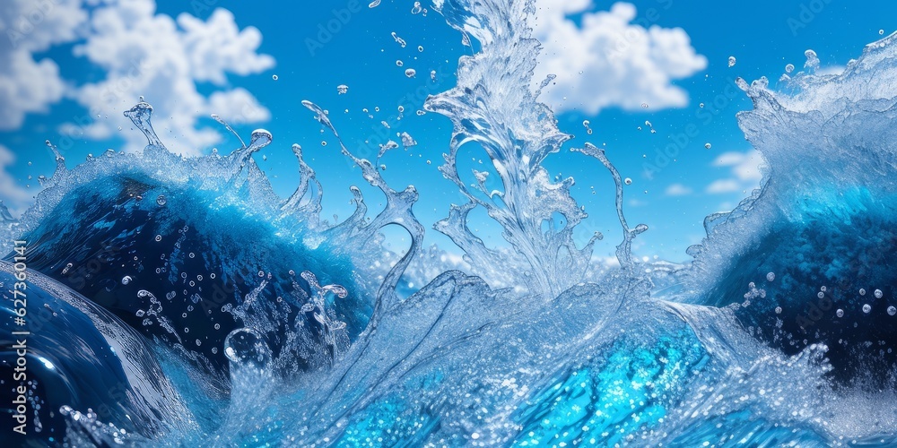 Transparent blue water splashes and wave with drops. Liquid splashing fluids with droplets, realisti