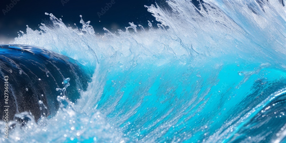 Transparent blue water splashes and wave with drops. Liquid splashing fluids with droplets, realisti