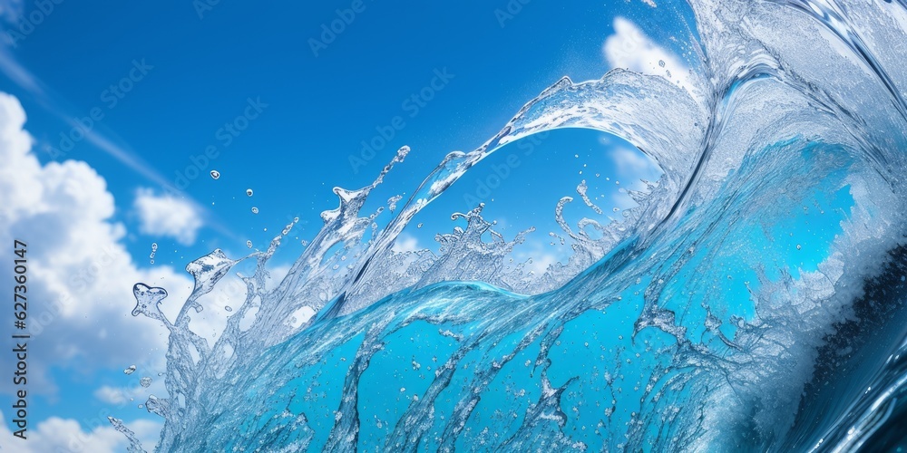 Water splash and wave swirl and drops. Liquid splashing aqua dynamic motion, blue water flow with sp