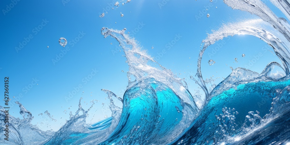 Transparent blue water splashes and wave with drops. Liquid splashing fluids with droplets, realisti