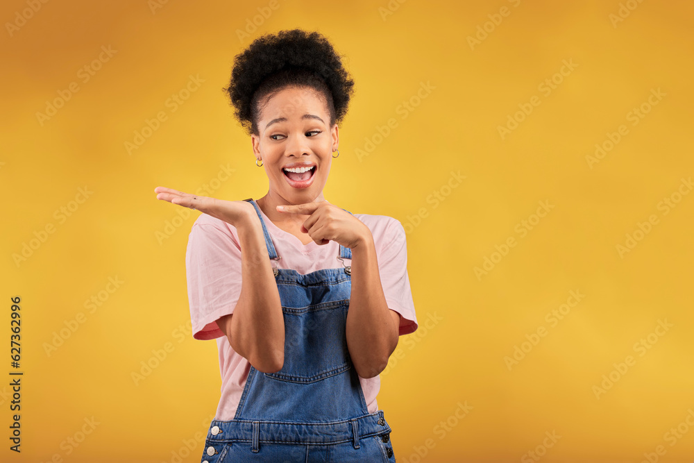 Branding, advertising and a black woman pointing to her palm for the promotion of a product on a yel