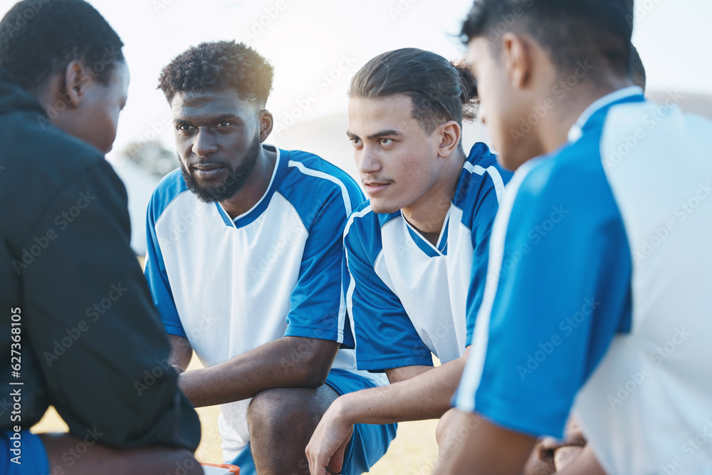 Sports, huddle and soccer team talking to their coach before a match, training or tournament. Fitnes