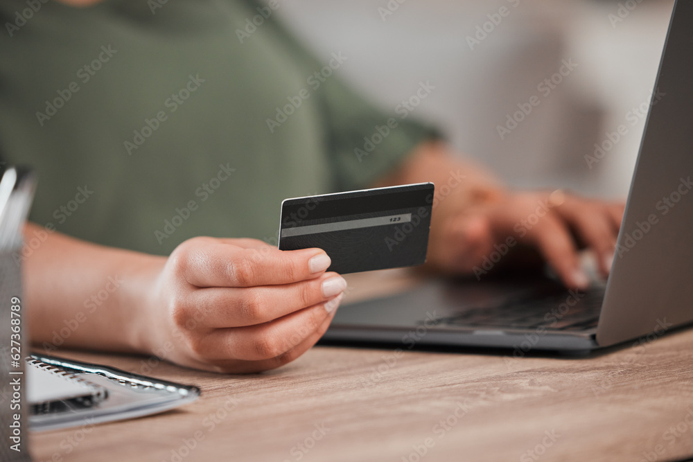 Hand, laptop and credit card for finance with a customer on the internet from home. Computer, ecomme