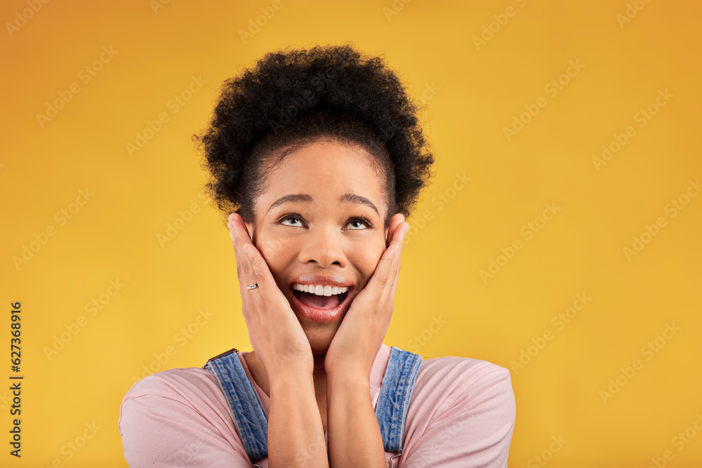 Thinking, surprise and woman with a smile, excited and expression on a yellow studio background. Fem