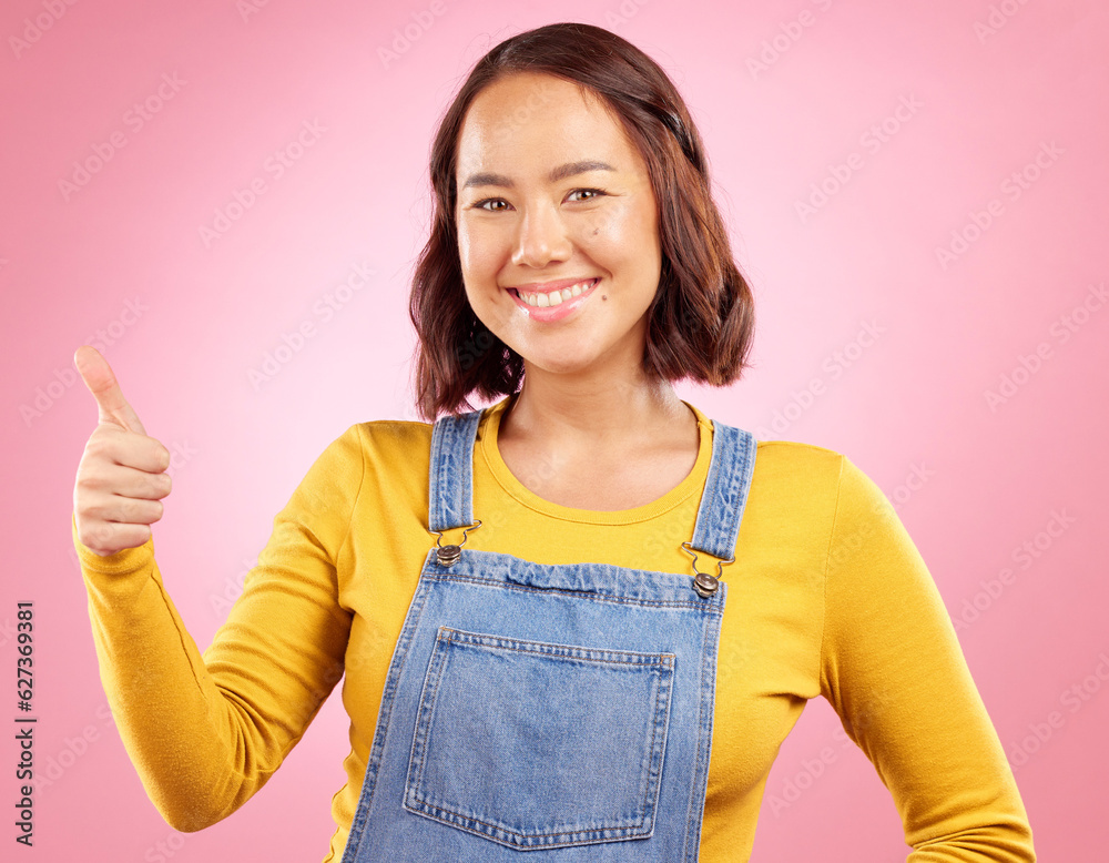 Happy, thumbs up and yes with portrait of woman in studio for support, agreement and motivation. Win