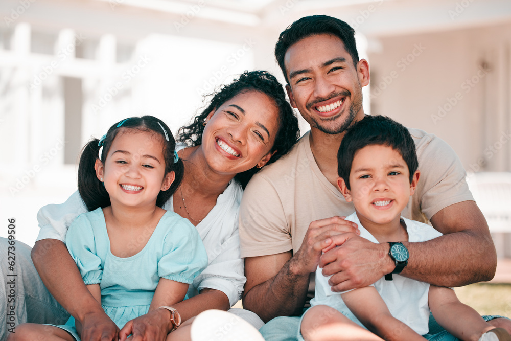 Portrait, family and happy parents with kids outdoor at house, home or backyard in summer or happine