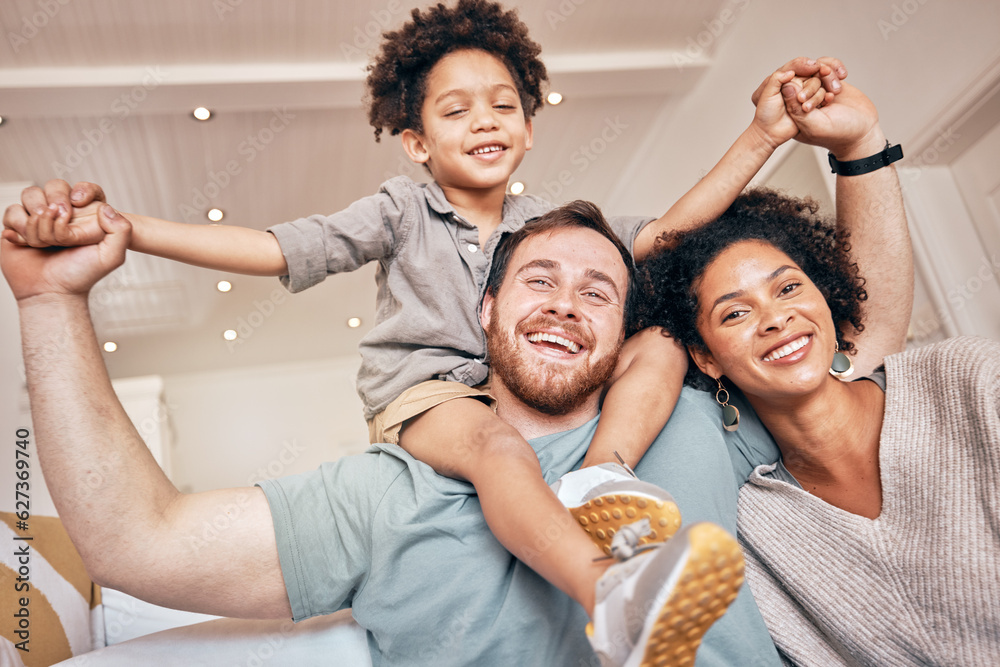 Mom, dad and boy on shoulders, piggyback and portrait in home with smile, holding hands and solidari