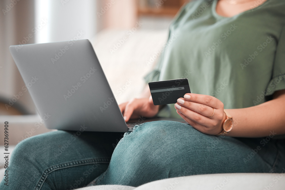 Hand, laptop and credit card for ecommerce with a customer on the internet from home. Computer, onli