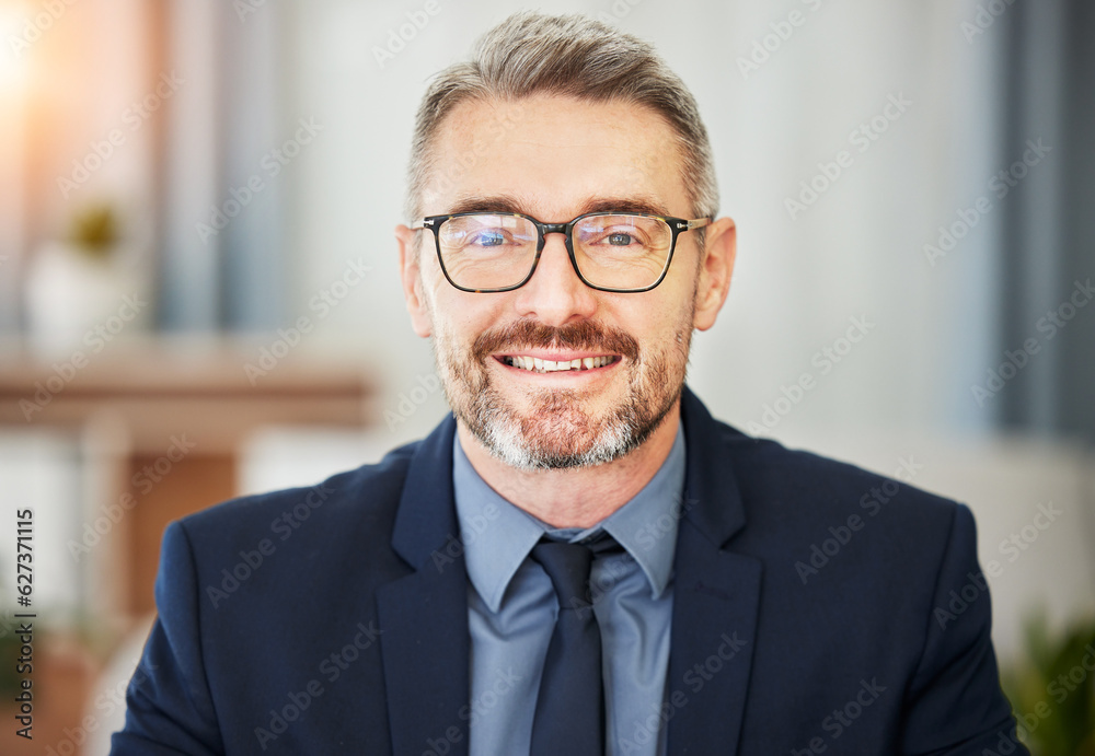 Portrait, mature business man and smile in office with corporate confidence, pride and professional 