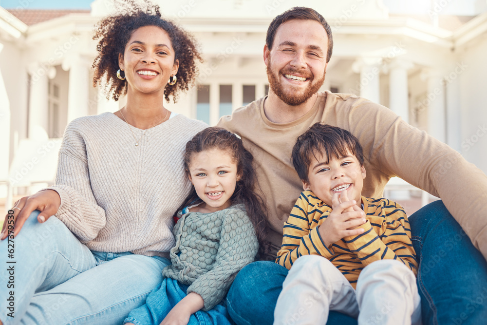 Family, portrait and parents with children relax on lawn, love and happiness with people outdoor. Ma