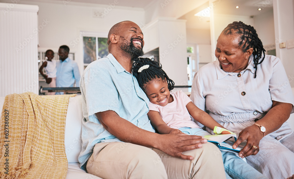 Laughing, girl or happy grandparents reading book for learning, child development or bonding at home