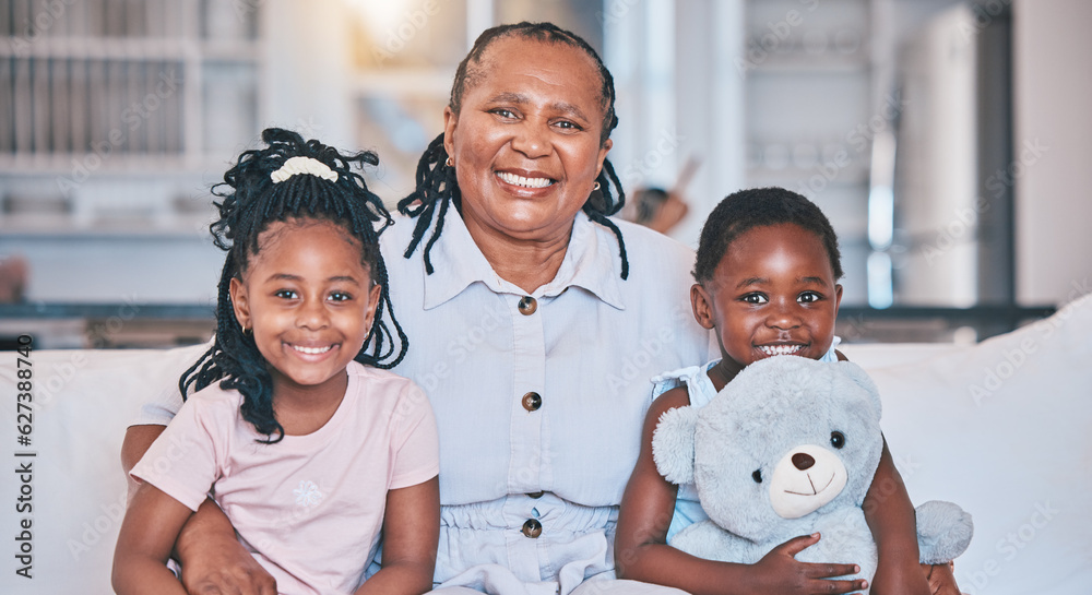 Portrait, black children and senior grandmother on sofa with happiness or quality time with care. Lo