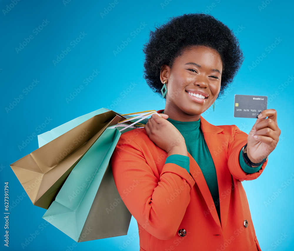 Credit card, shopping offer and woman in portrait for retail banking, finance and e commerce fintech