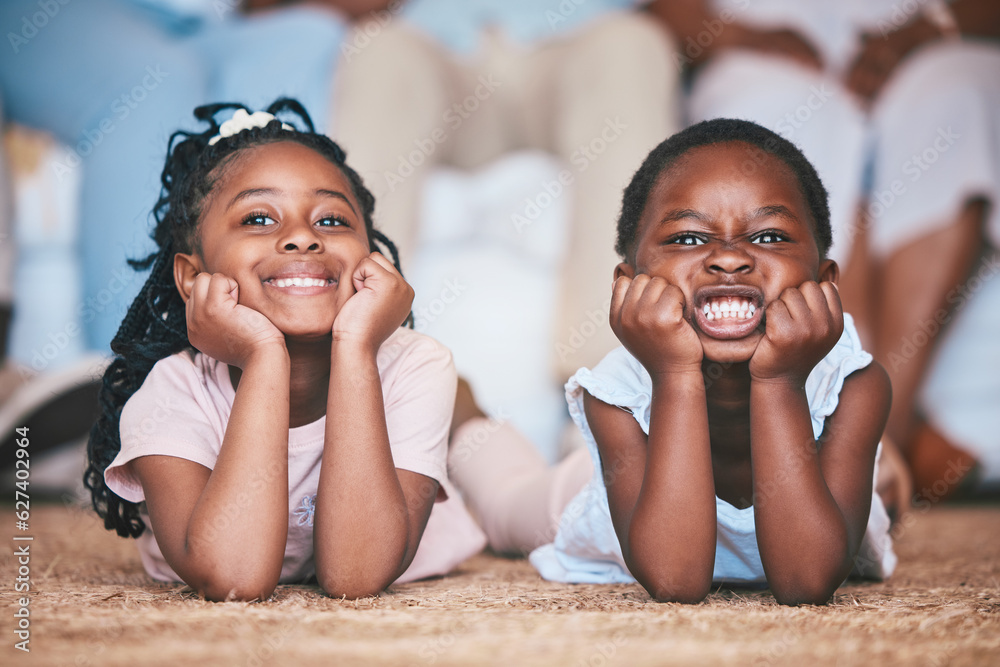 Relax, girls or portrait of happy kids on the floor, carpet or mat bonding or playing in family home