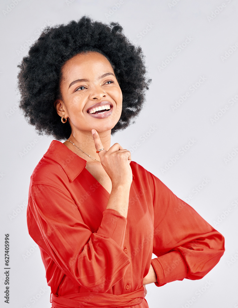 Happy black woman, thinking face and ideas in studio of vision, mindset and planning future inspirat