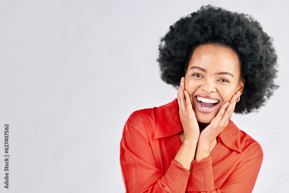 Portrait, surprise and black woman with mockup, excited and announcement on a white studio backgroun