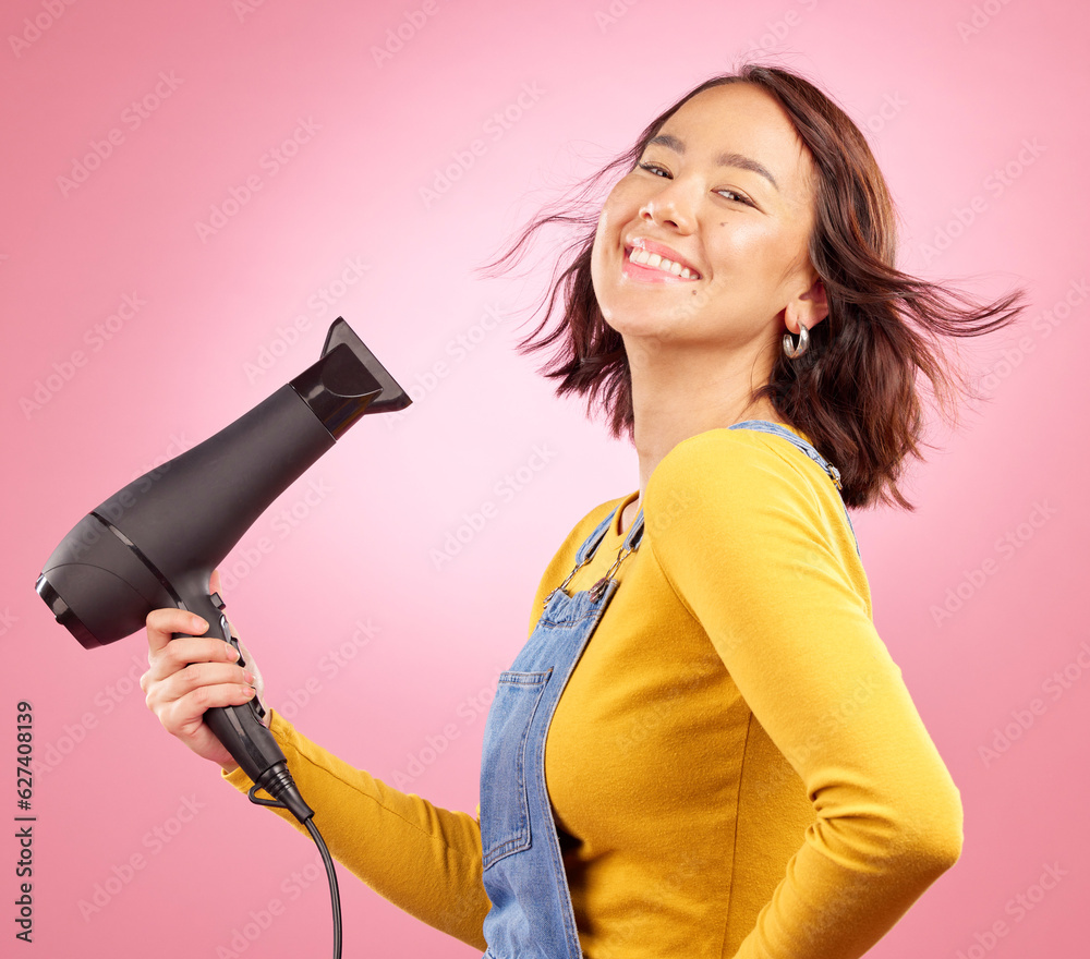 Hairdryer, wind and hair care with portrait of woman in studio for hairdresser, beauty and cosmetics