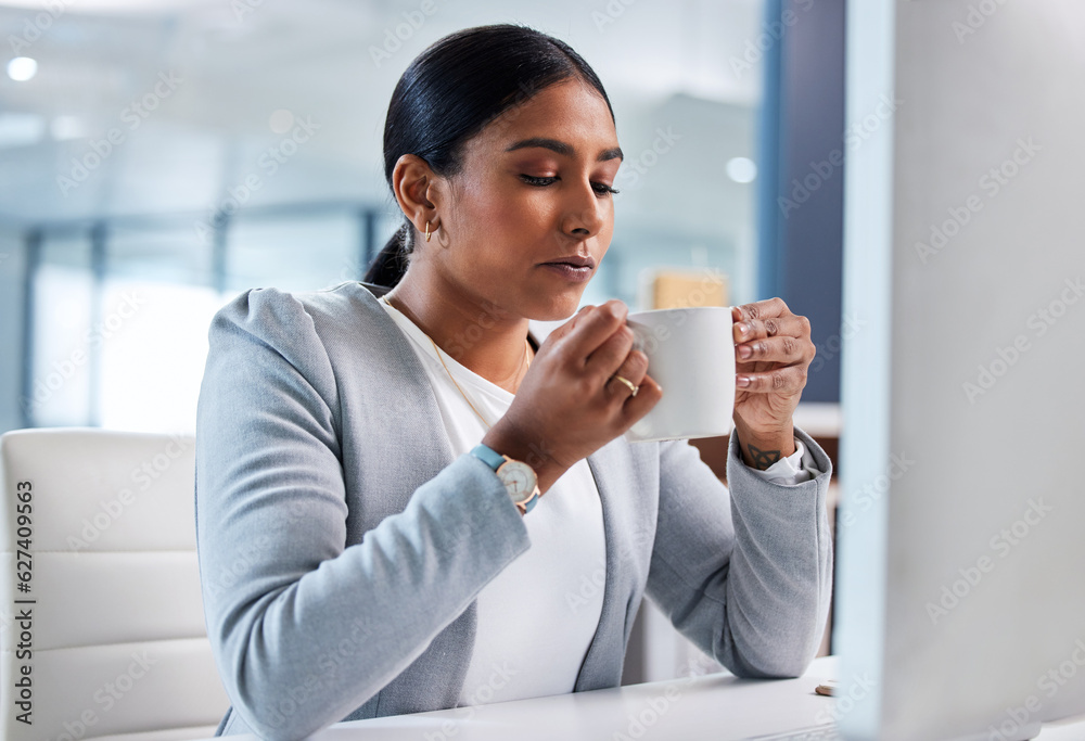 Business woman in office, coffee break at desk and professional mindset, hot drink and caffeine for 