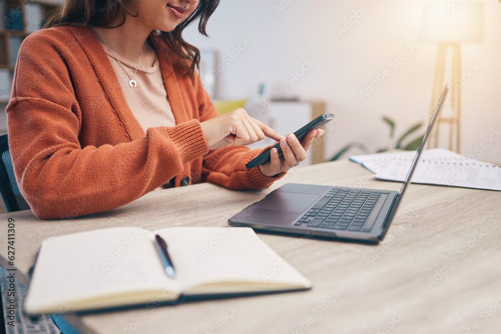 Hands, phone and notebook with texting, woman or laptop for planning, schedule or networking at desk